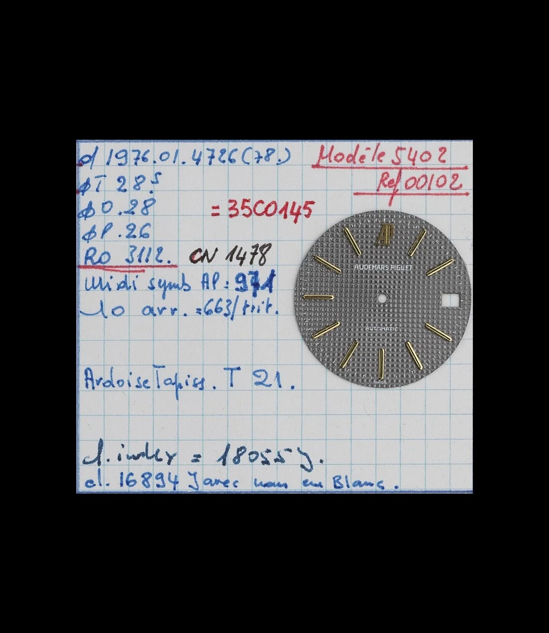 Circa 1980. Technical sheet for dial 5402SA.