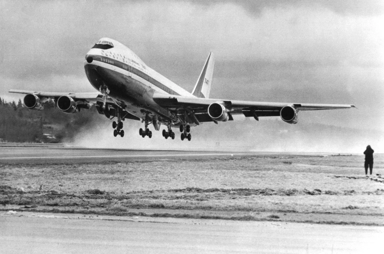 The "Jumbo Jet" Boeing 747 taking off, in 1969