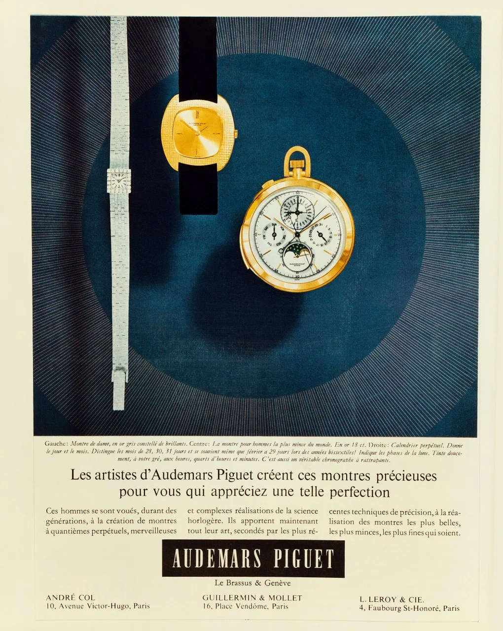Audemars Piguet advertisement presenting three of the brand's main specialties in 1966