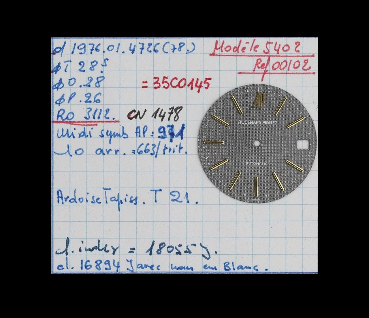 Vers 1980. Fiche cadran 5402SA.