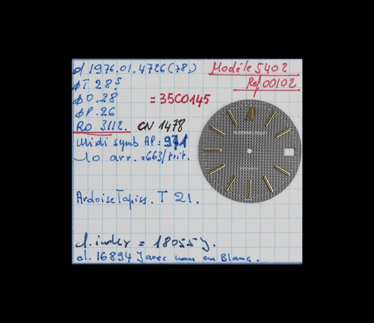 Circa 1980. Technical sheet for dial 5402SA.