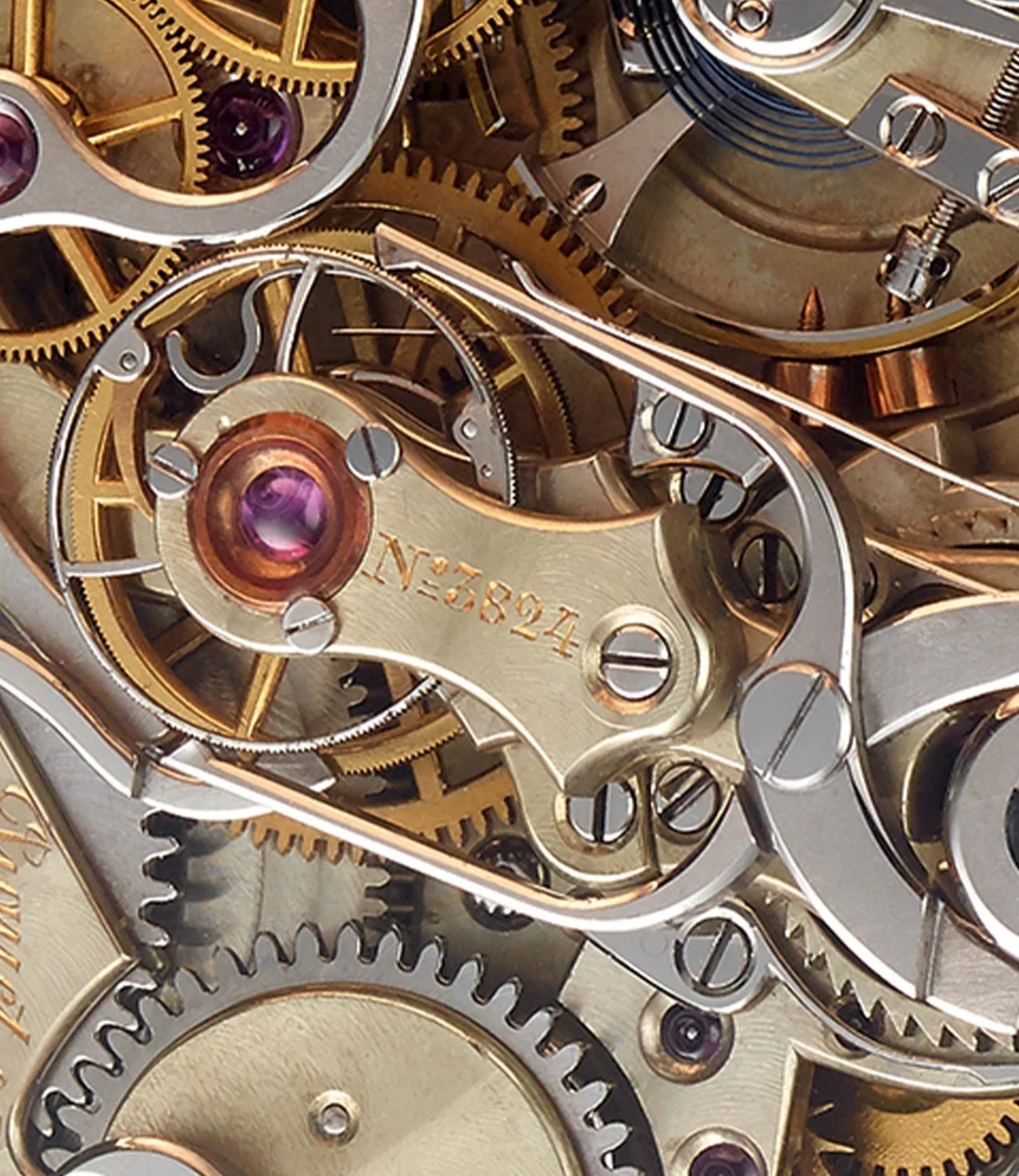 1890. Close-up on pocket watch with double complication.