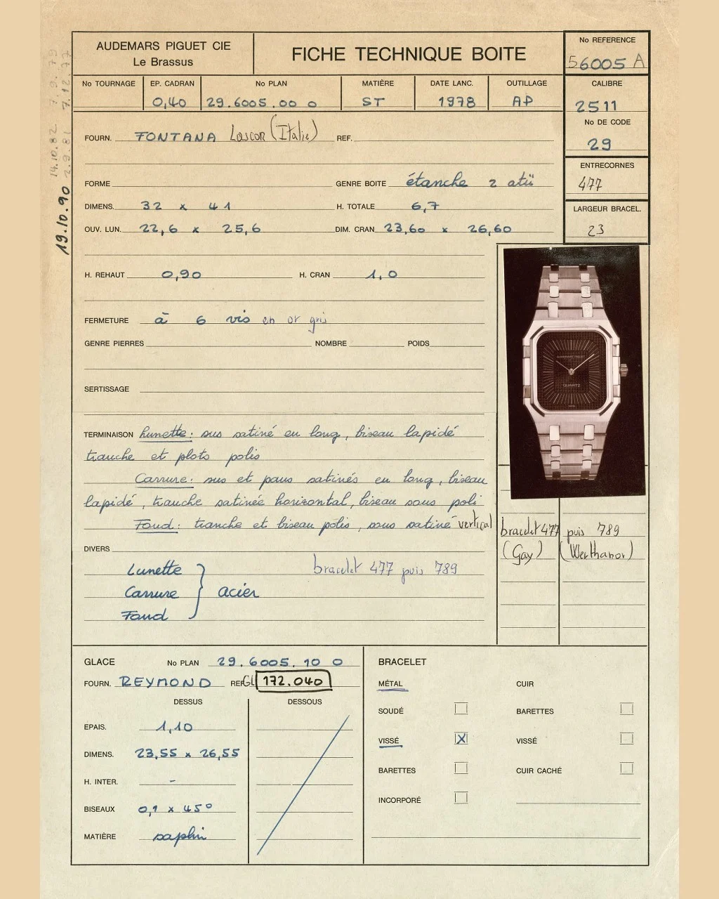 Technical Data Sheet for the case of Royal Oak Model 6005ST, 1978