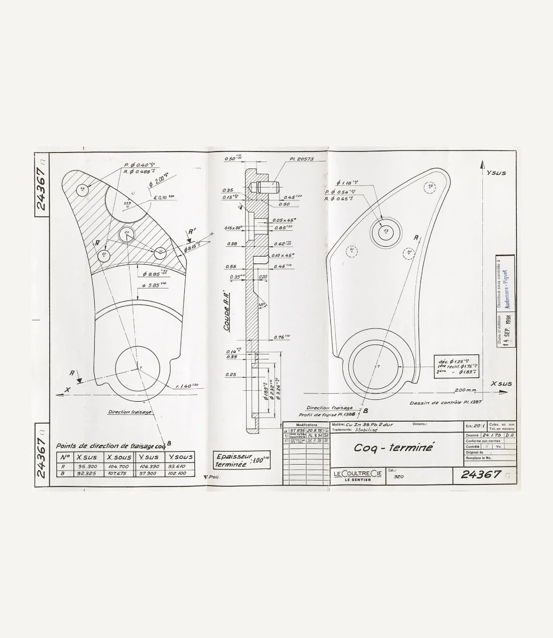 1975. Plan 24367 of the balance-cock destined to Calibres 2120 and 2121.