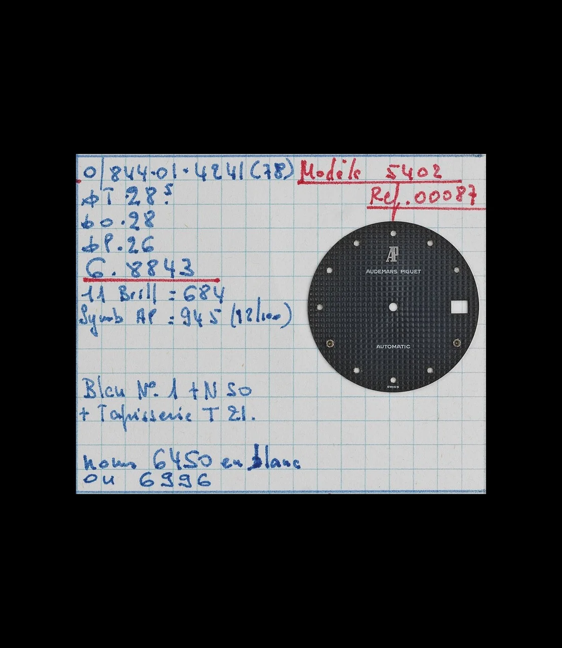Circa 1980. Technical sheet for dial 5402, No. 87.