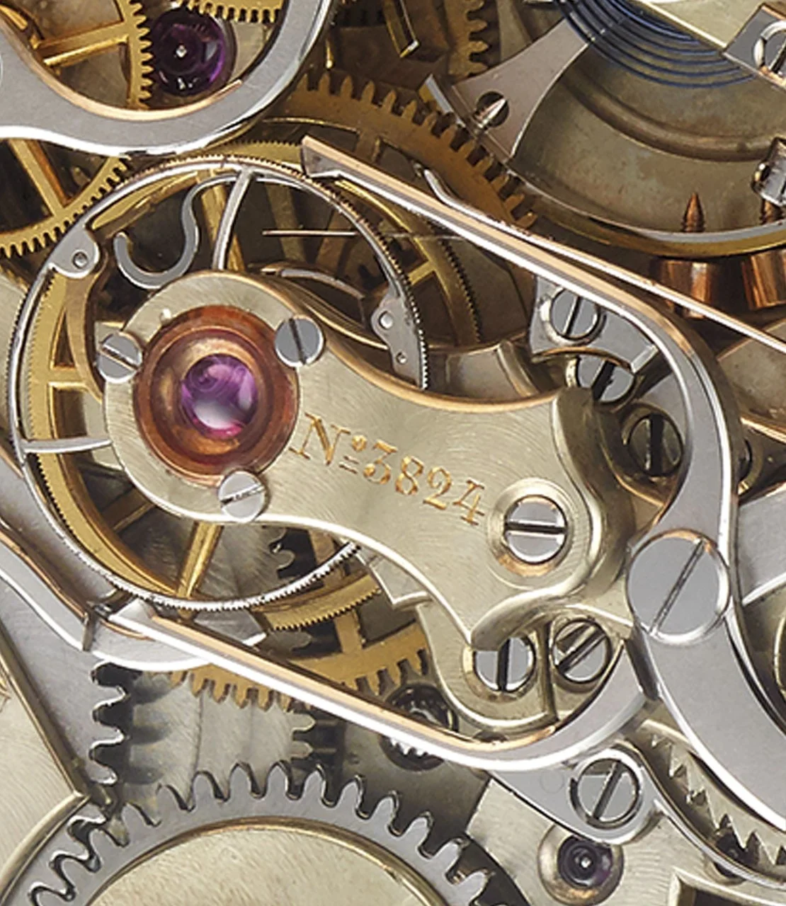 1890. Close-up on pocket watch with double complication.