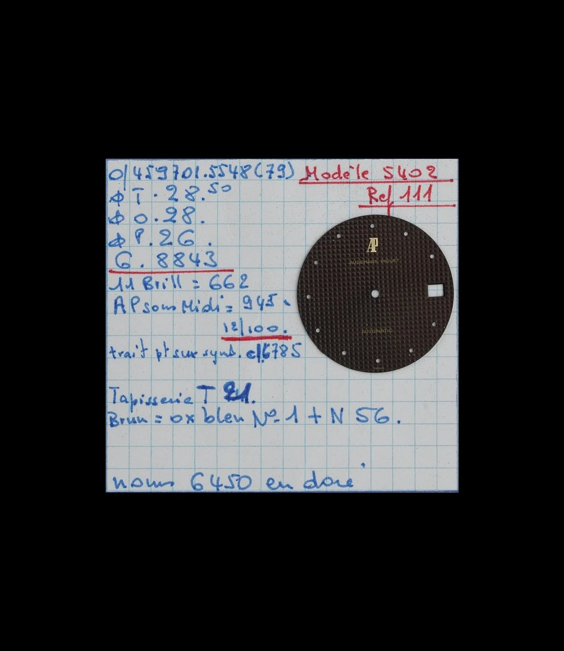 Circa 1980. Technical sheet for dial 5402, No. 111.