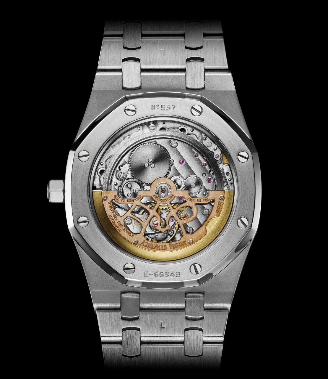 Caseback view of Royal Oak wristwatch, reference 15202ST, 2002