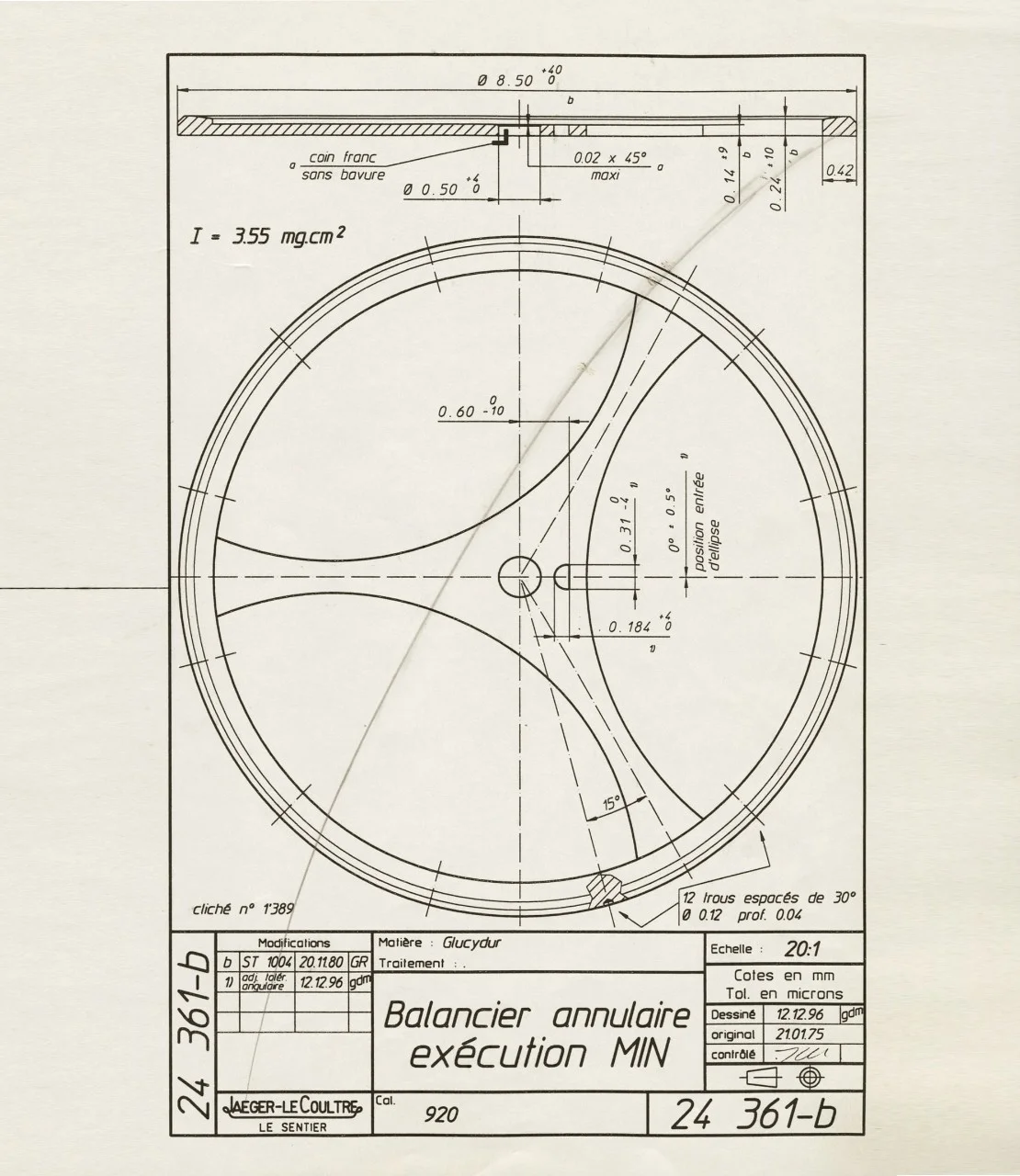 1975. Plan 24361B of the three-arm circular balance wheel destined to Calibres 2120 and 2121.