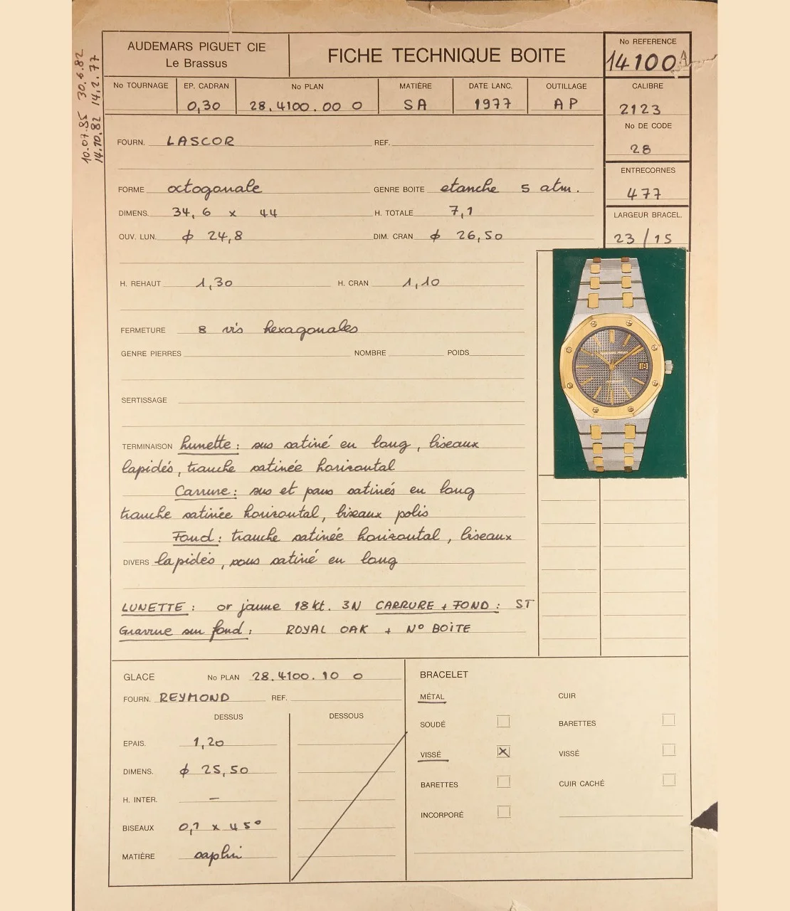 Case Technical Data Sheet of Royal Oak Model 4100ST, 1977