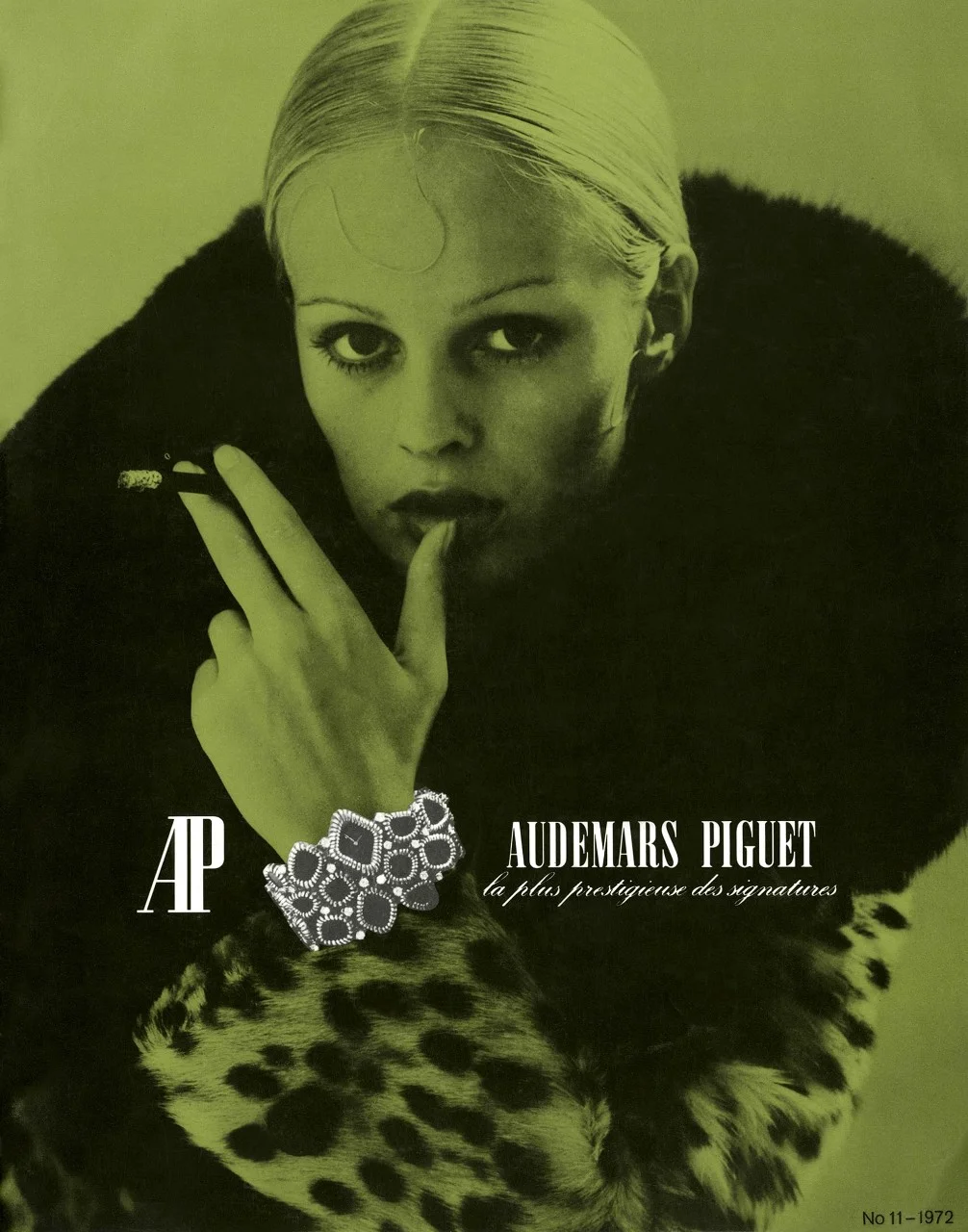Advertising leaflet cover with a woman smoking a cigar and the high jewelry watch "Arabella", model 8545 on her wrist, 1972