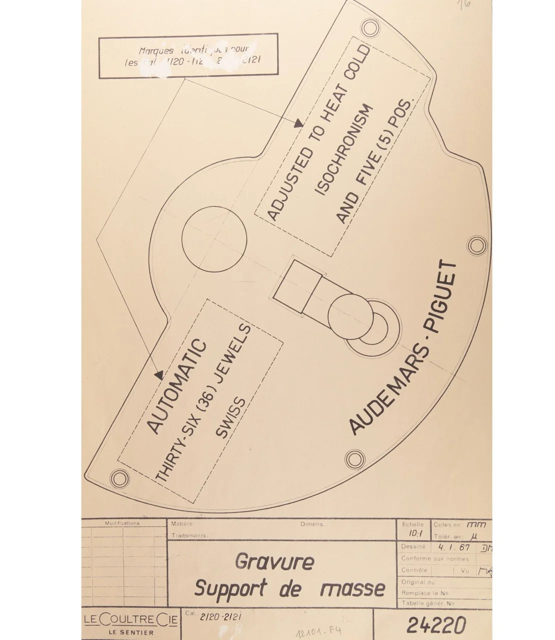 Circa 1970. Engraving project for oscillating weight, Calibres 2120 and 2121.