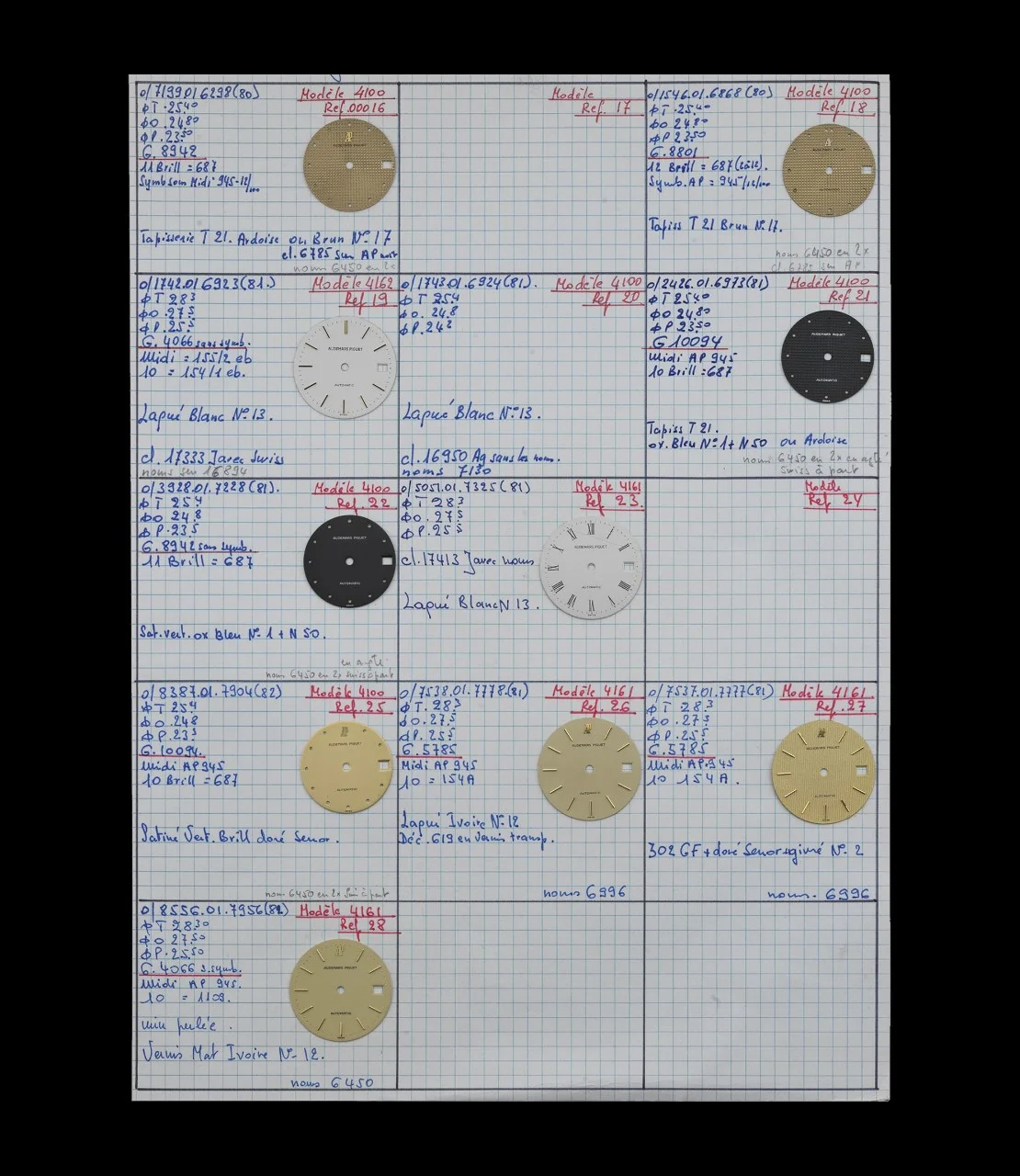 Circa 1980. Technical sheet for dials 4100, 4161 and 4162.