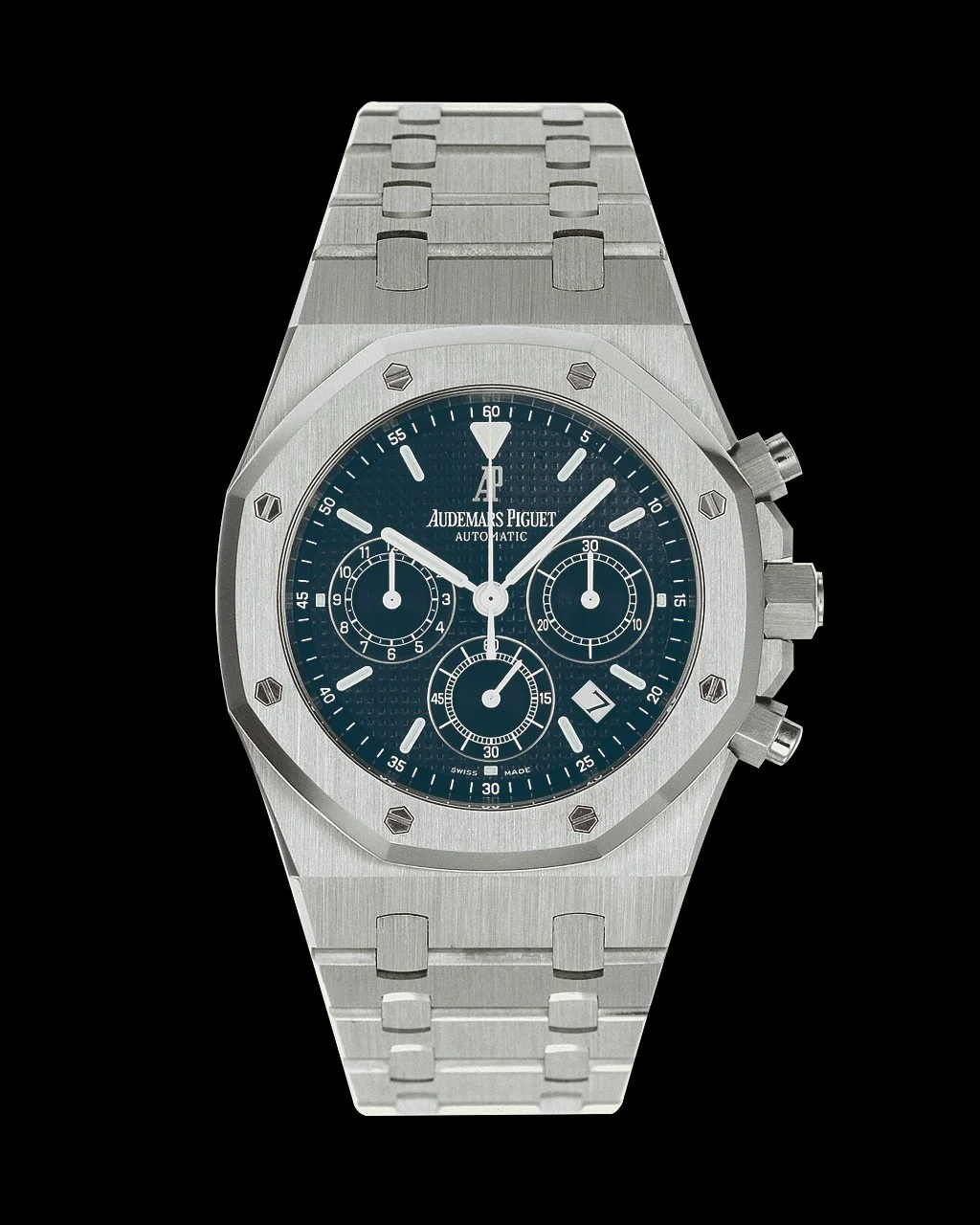 Close up of the first Royal Oak wristwatch equipped with a chronograph, reference 25860ST, 1999