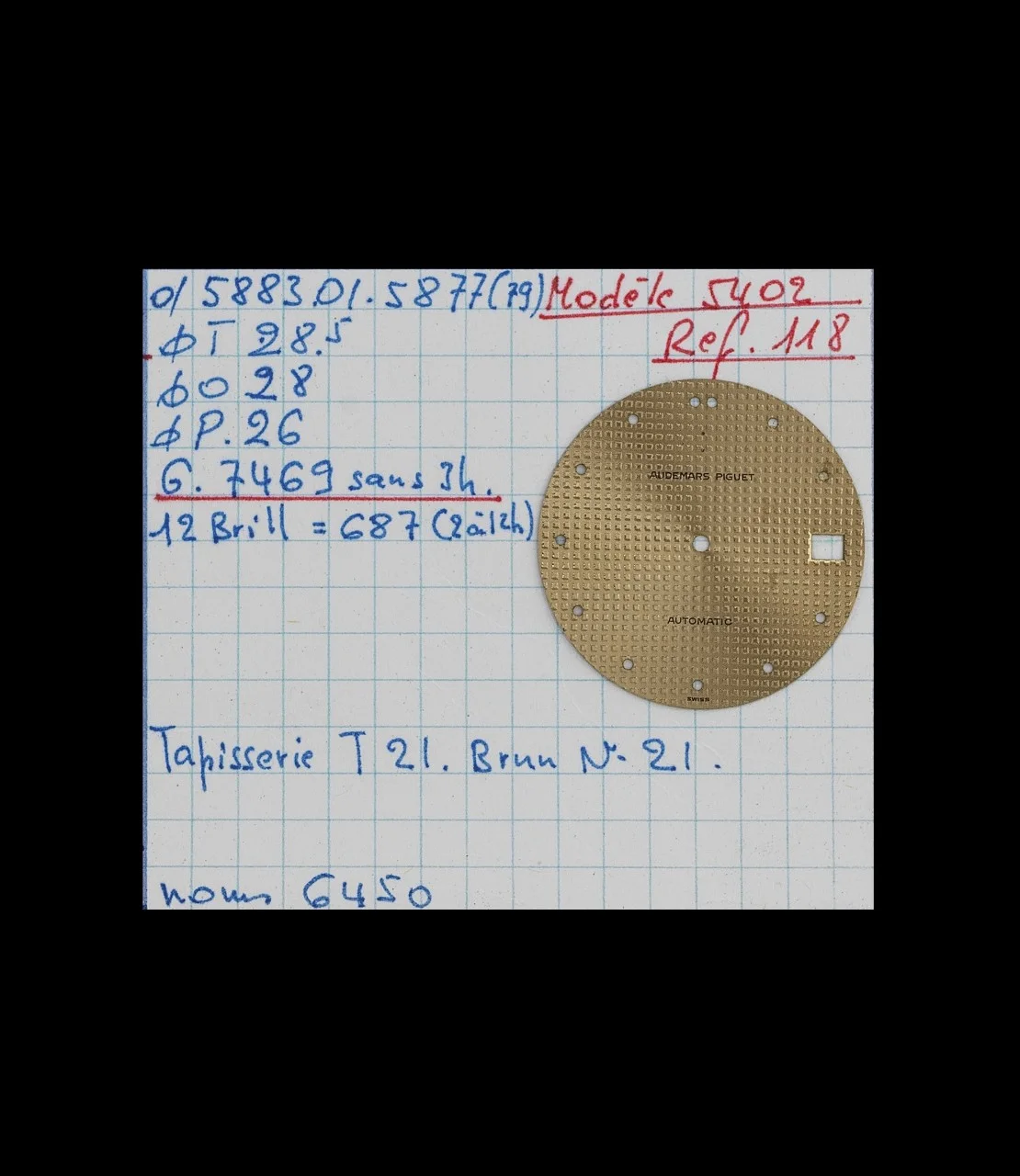 Circa 1980. Technical sheet for dial 5402, No. 118.