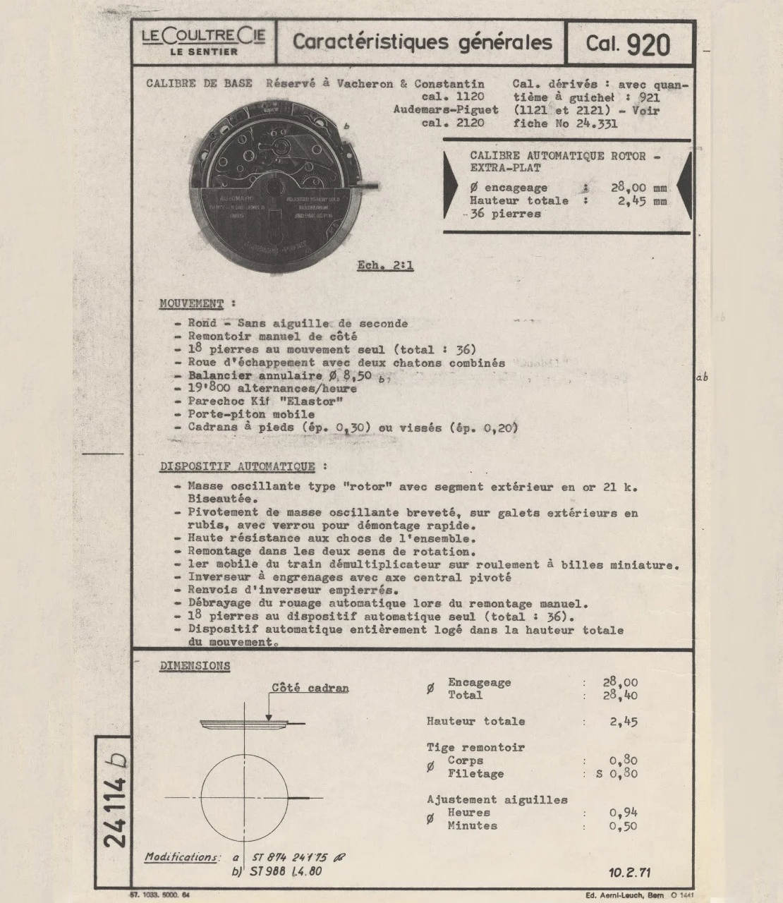 1971. General characteristics of Calibre 2120 (LC 920).