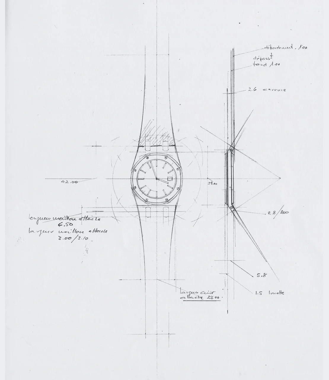 Vers 1990. Croquis de la première Royal Oak sur cuir avec deux plots.