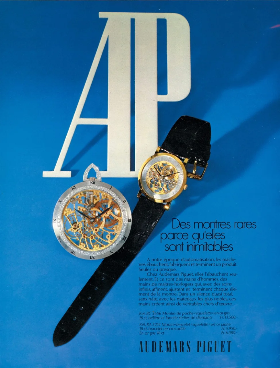 Audemars Piguet advertisement for openworked watches, circa 1975