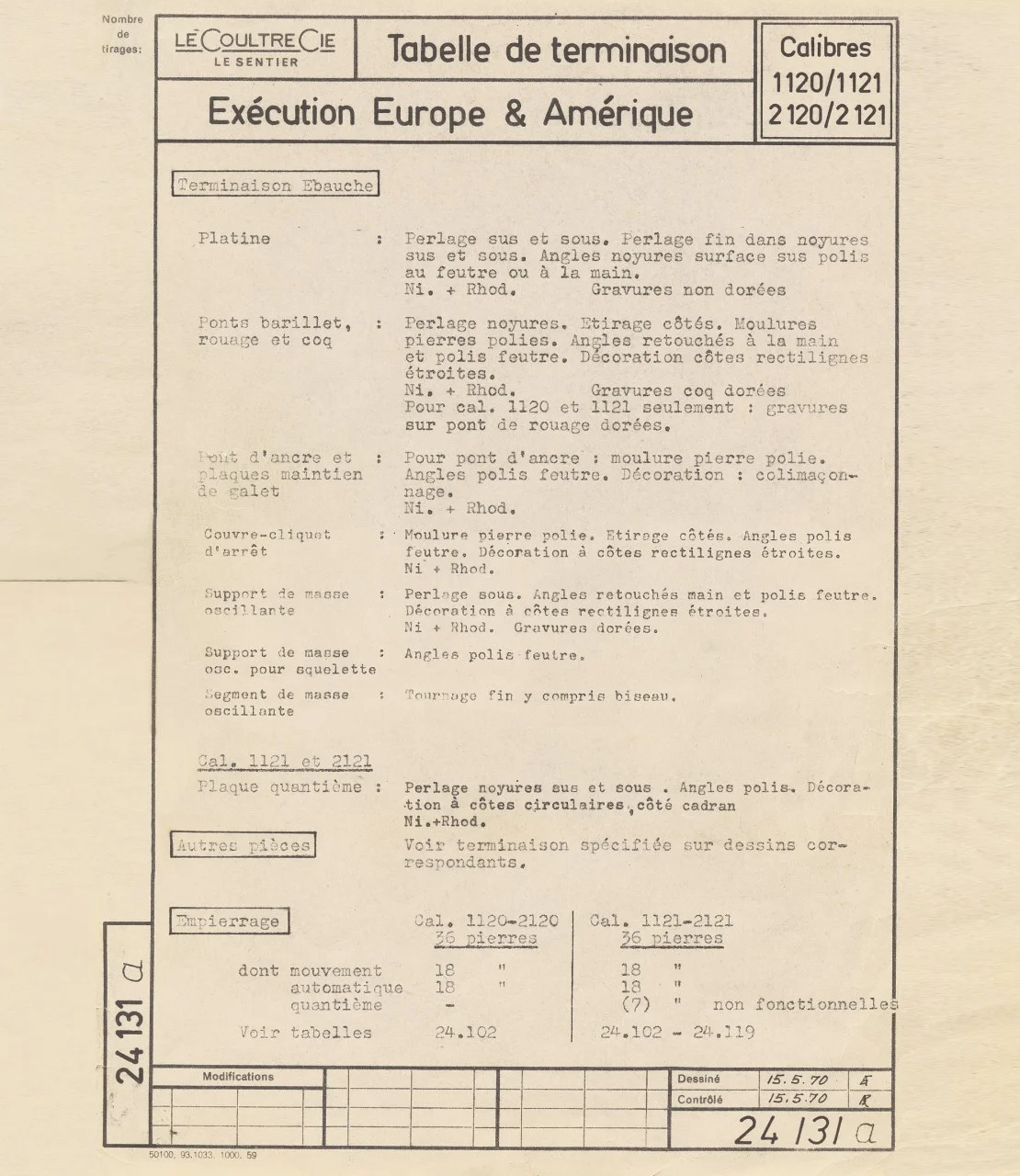 1970. Decoration table for Calibres 2120 and 2121 (VC 1120/1121).